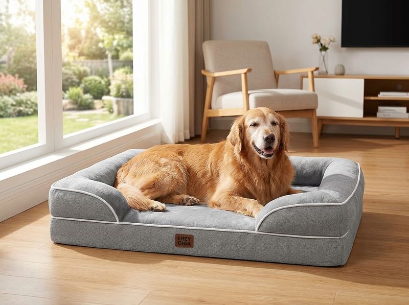 Senior black Labrador asleep on grey 44×32-inch EHEYCIGA orthopedic dog bed, top-down view showing foam thickness and bolster edge