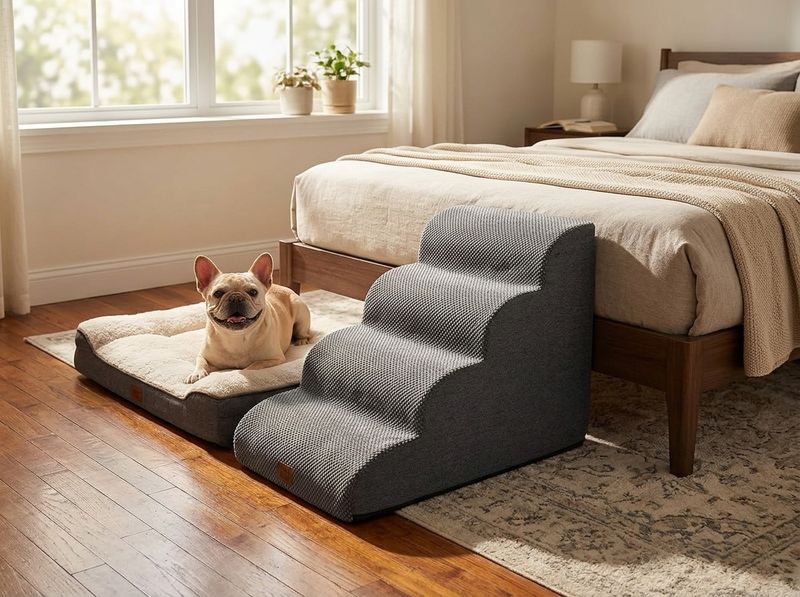 Fawn French bulldog walking up a curved 4-step EHEYCIGA grey foam pet staircase next to a high platform bed frame
