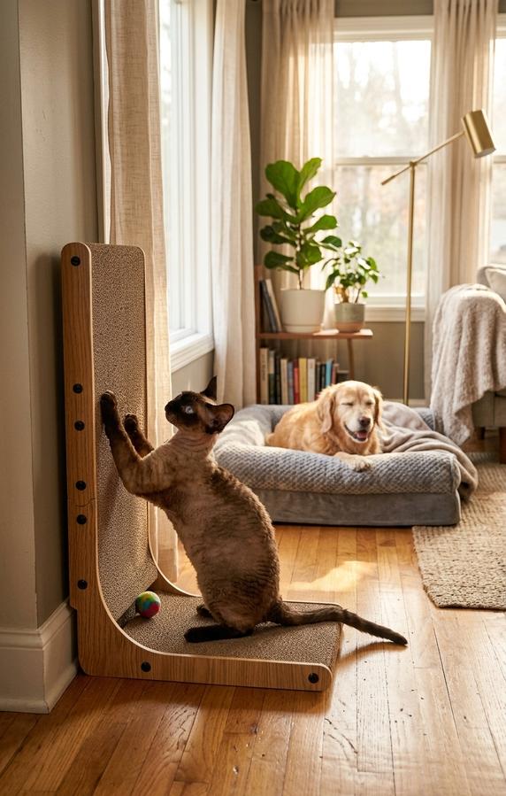 Grey tabby cat clawing a tall 26.8-inch L-shaped corrugated cardboard cat scratcher pressed against a beige sofa arm