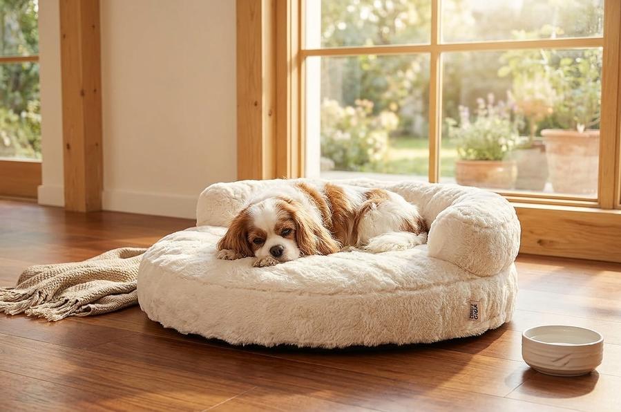 Close-up of fleece dog bed zipper being peeled back, showing grey cover layer and thin white TPU membrane over beige foam